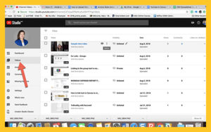 Screenshot of YouTube Studio and indicating where to click to access videos.