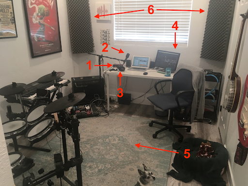 A glimpse into Roddy's home studio (featuring one of their dogs, Crusty)